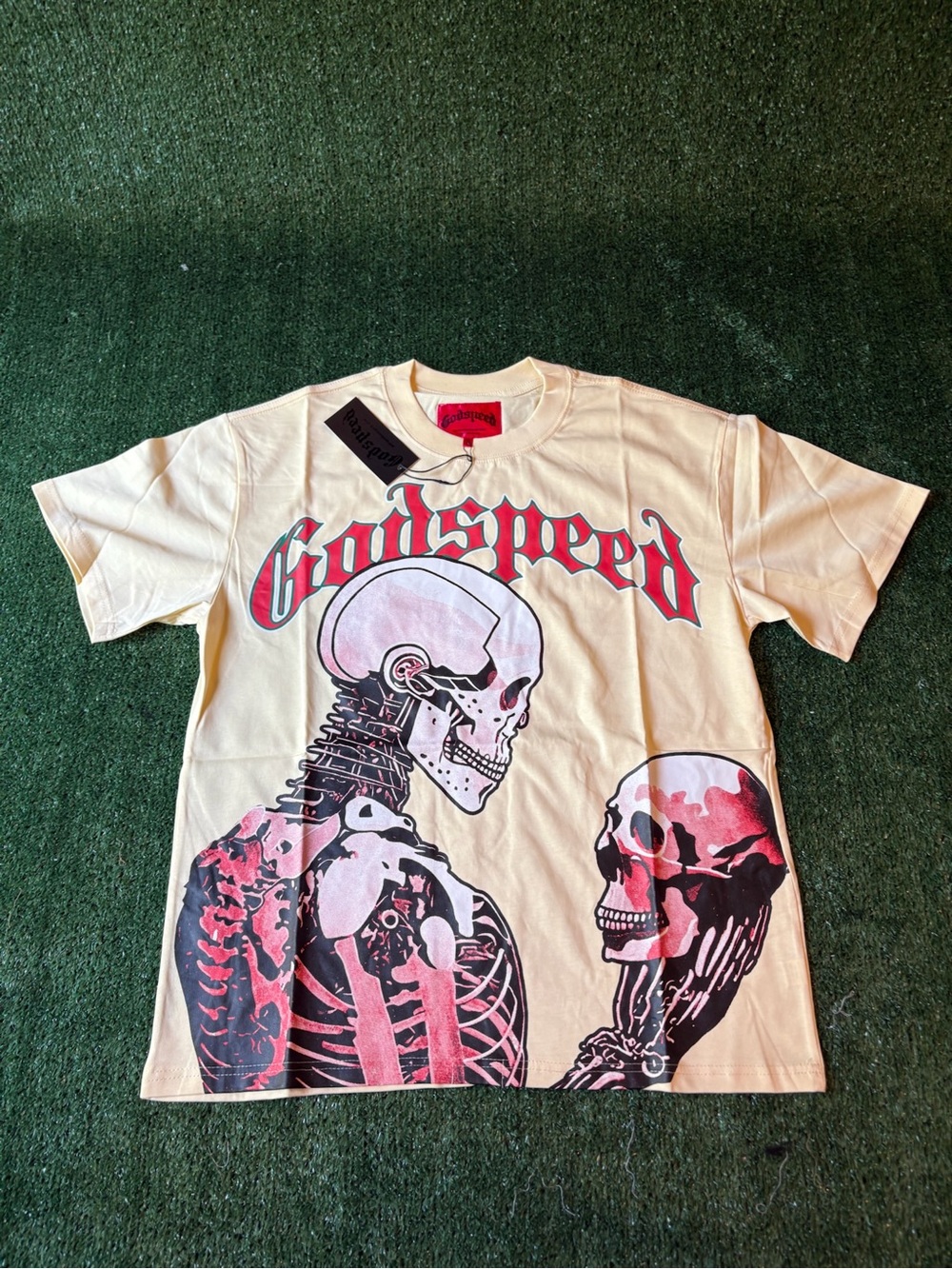 Godspeed Graphic Skull Tee - Cream with Pink/Red Print